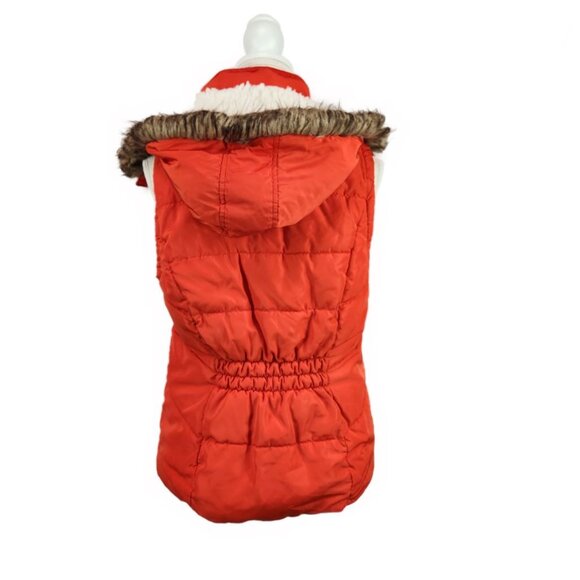 Green Tea Hooded Puffer Vest Sz Med Orange Red Faux Fur Zip Snap Up Sherpa Lined - Picture 3 of 10